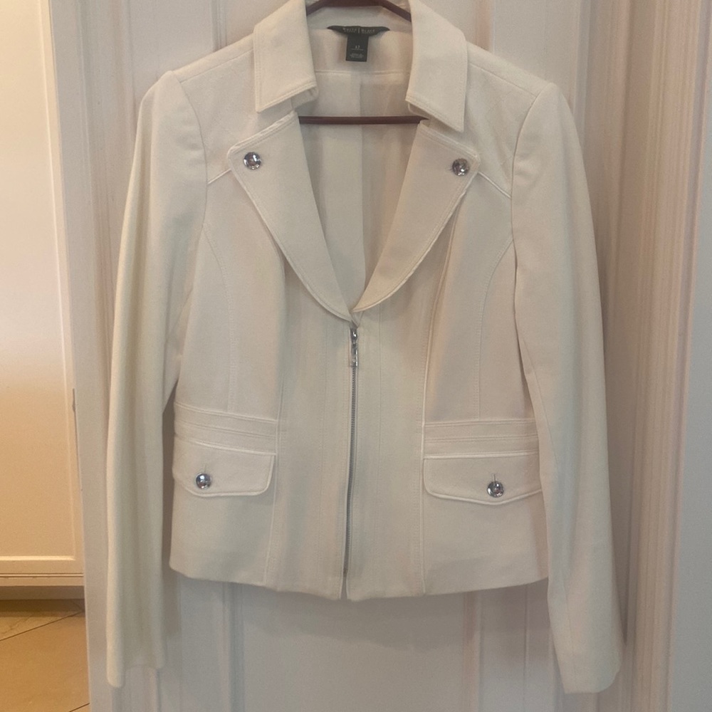 WHBM Jacket with zip front and button detail, size 12, light cream color.